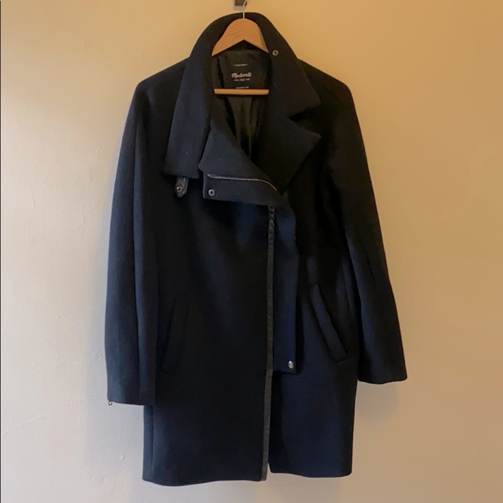 Madewell Black Wool Coat, Leather Trim